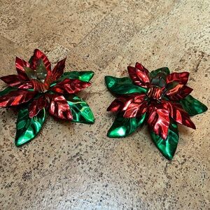 Pair of Vintage MCM painted aluminum poinsettia candleholders.